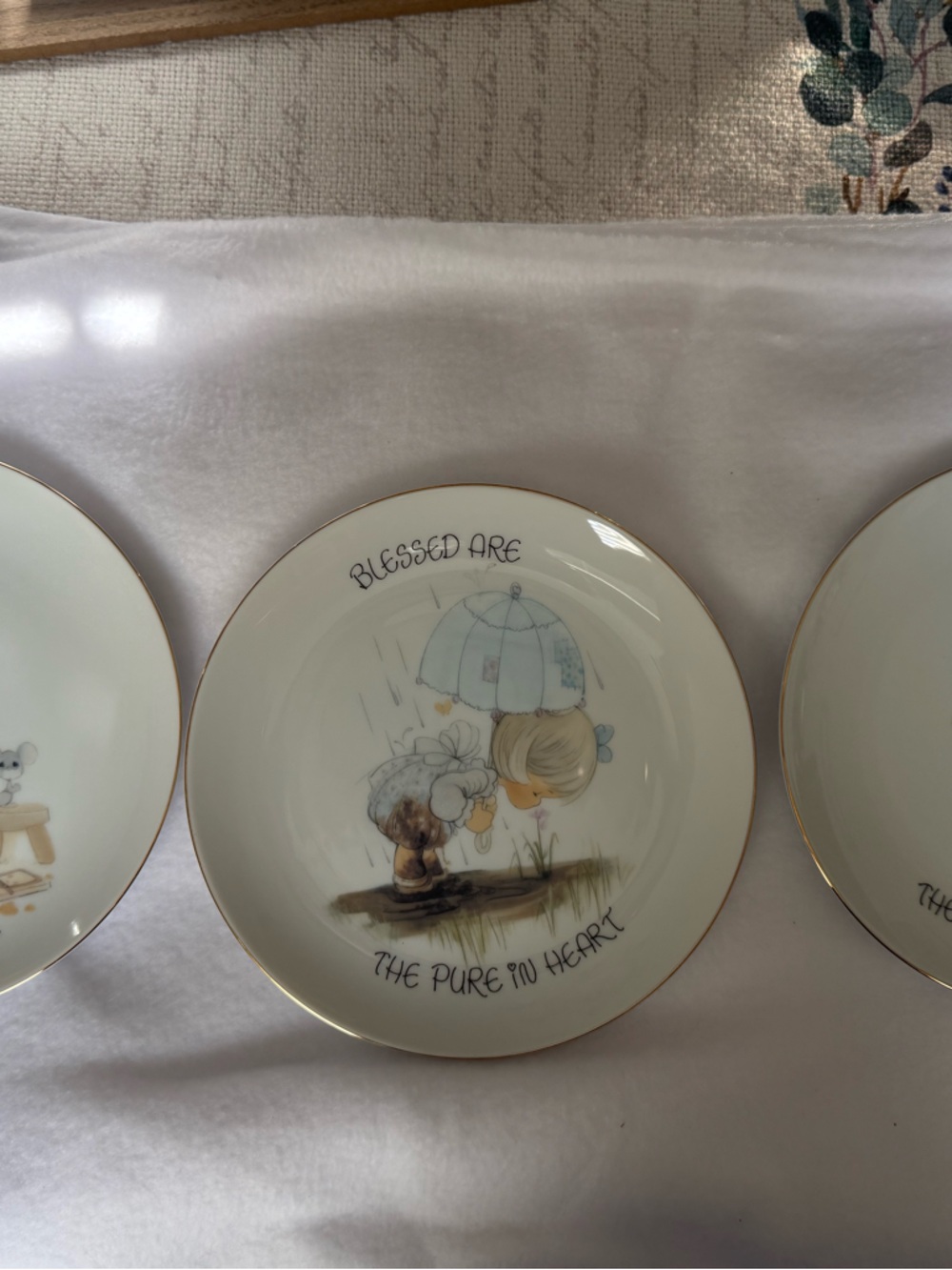 3 Precious Moments Trio Decorative Plates - Gold Trim, Pastel Illustrations